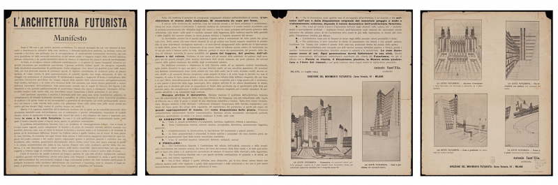 Figure 2 : Antonio Sant’Elia, L’architecture               futuriste, imprimé en italien sur tract plié et illustré,               datant du 11 juillet 1914, et publié de nouveau avec quelques               variations dans Lacerba, IIe année, no 15, 1er août 1914. 